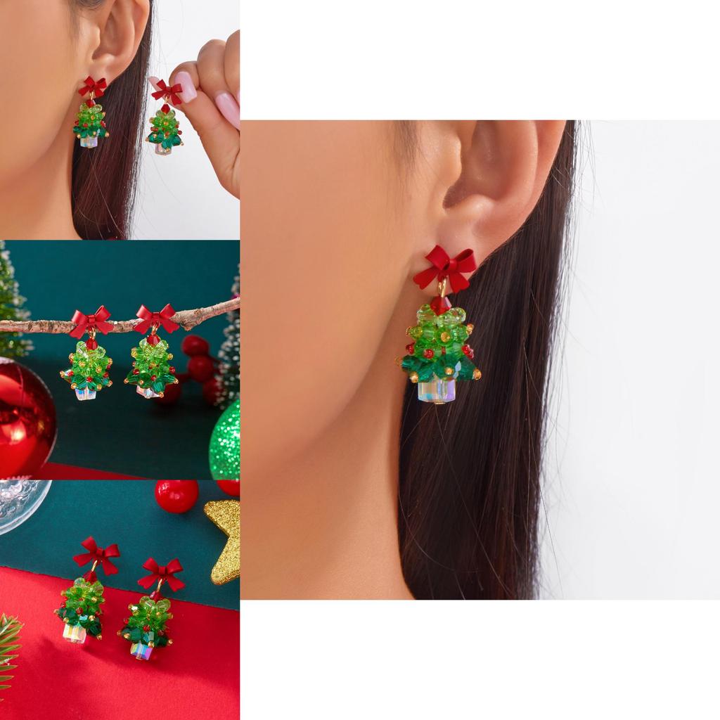Christmas Tree Earrings Girls Alloy Red Bow Sparkling Jewelry With Holiday Style For Women
