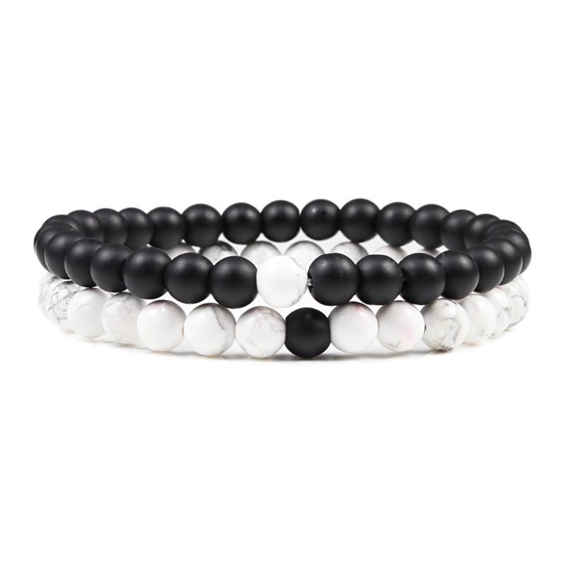 Conjunto pulseira casais distância preto branco natural lava pedra olho de tigre frisado yoga pulseiras para homens mulheres corda elástica jóias