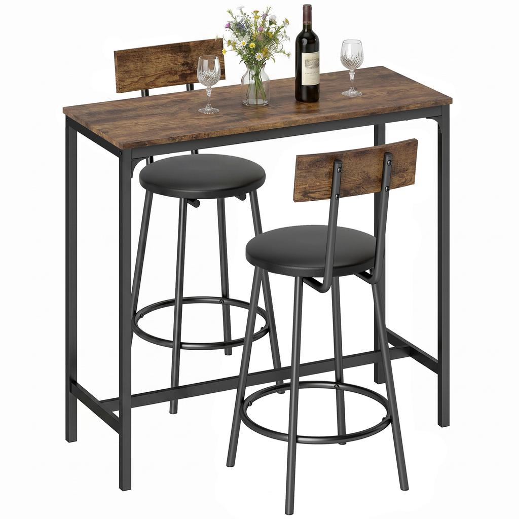 Bar Table Set with 2 Stools, High Kitchen Table, 2 PU-Padded Bar Stools, Footrest, Brown