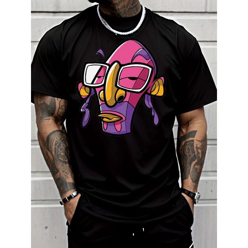 Men'S Casual Crew Neck Short Sleeve T-Shirt Cartoon Stylized Face Graphic Street Style Adult Male Fashion