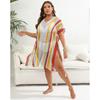 Plus Size Women's Color Contrast Patchwork Woven Hollow Beach Bikini Smock Dress Lace Up