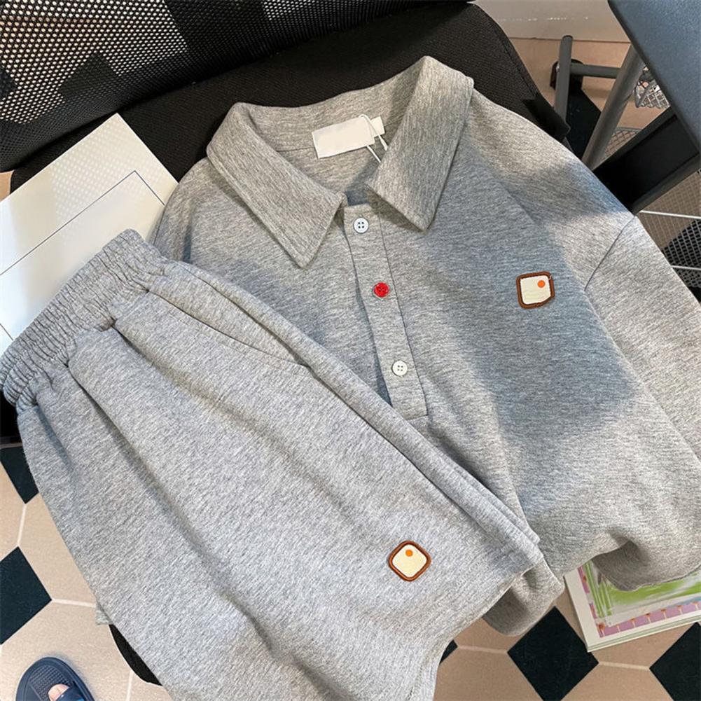 2 szt./zestaw Damski letni zestaw: top i szorty, zapięcie na guziki, wykładany kołnierzyk, krótkie rękawy, styl preppy, T-shirt, elastyczny pas, luźny, boczna kieszeń
