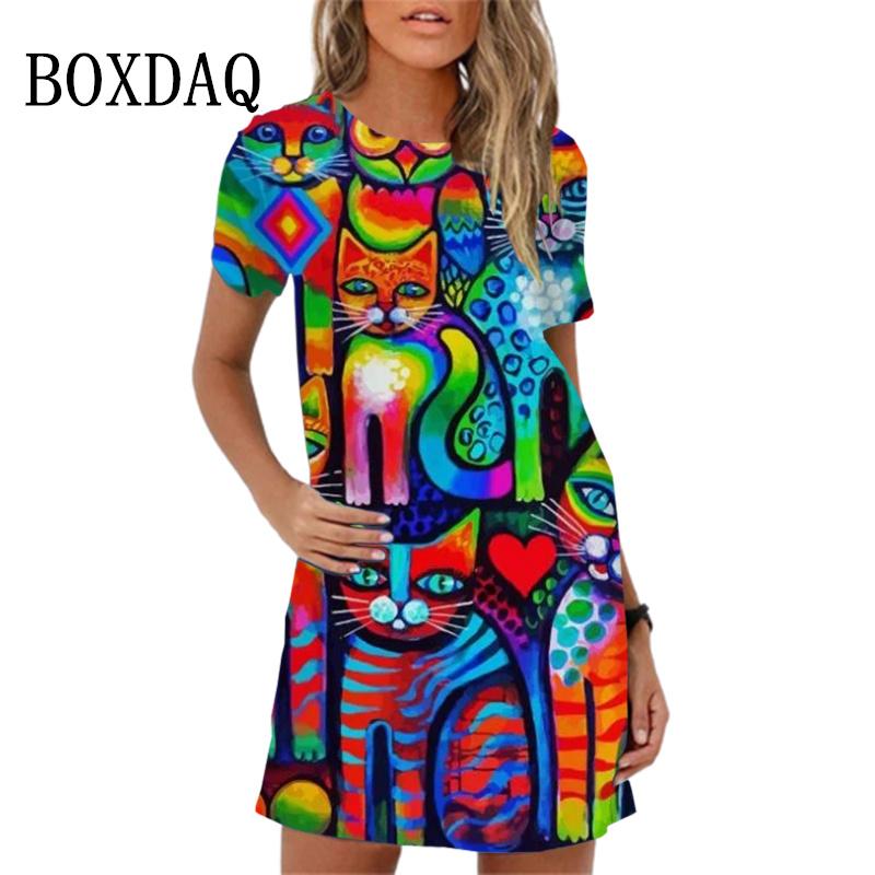 2026 Summer Women's Dress Funny Cat Print O-Neck Short Sleeve Loose Mini Dresses Casual Female Sweet A-Line Sundress Vestidos