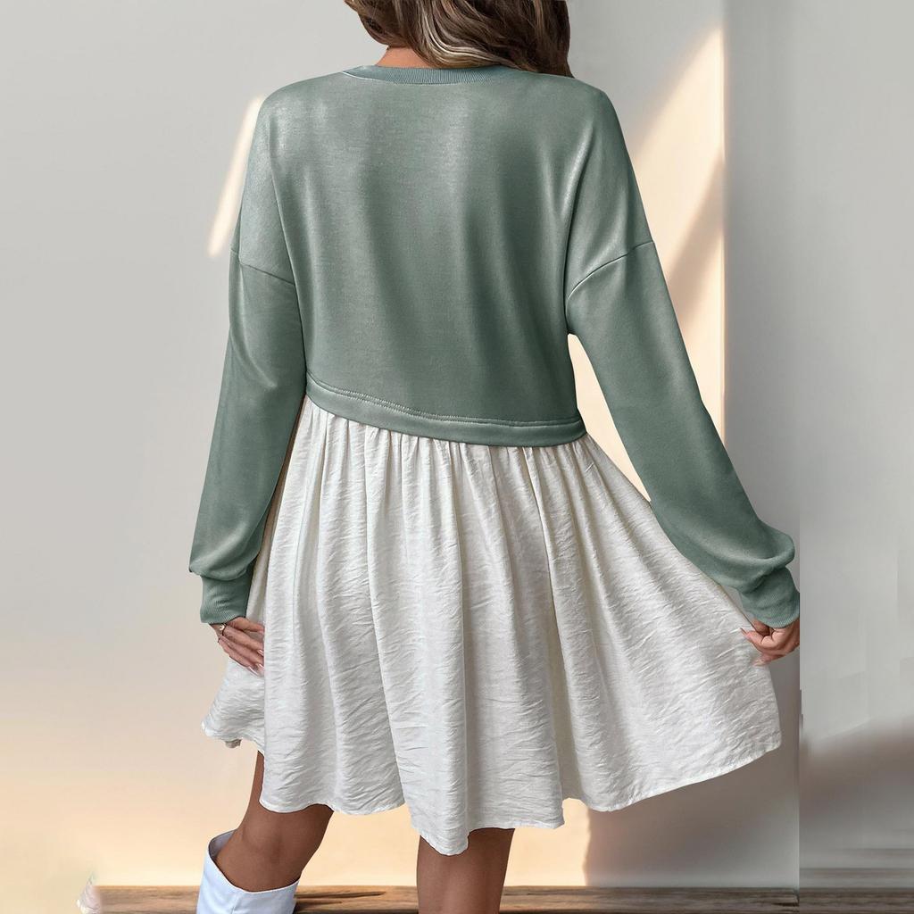 Women's Fashion Casual Round Neck Long Sleeve Colorblock Loose Dress