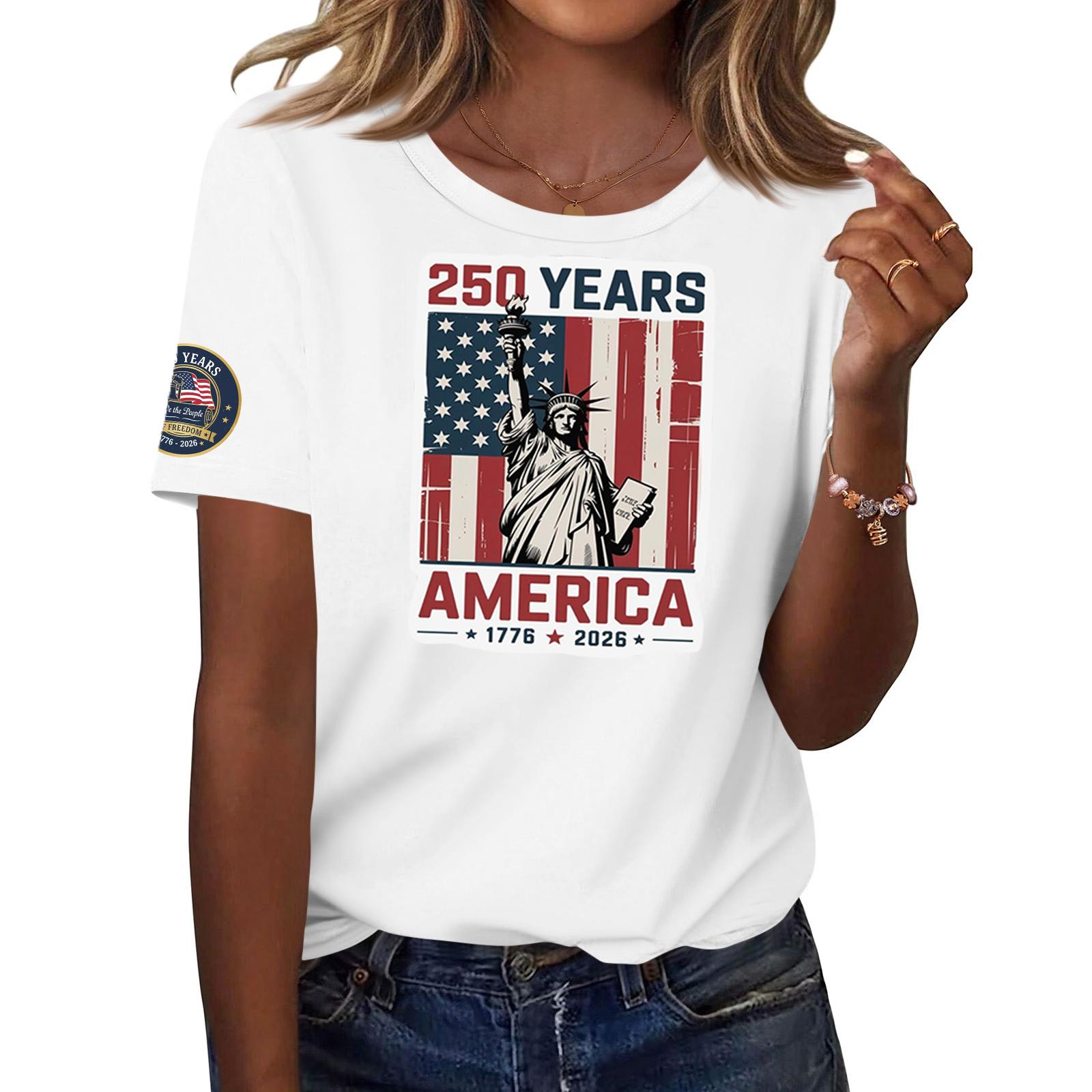 

Womens Short Sleeve Crew Neck T Shirt Featuring 250 Years America 1776 2026 Statue of and Flag Print Casual Fit Top XL білий