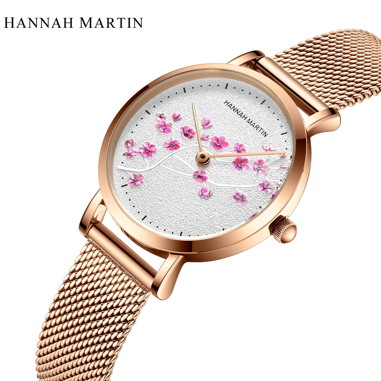 Hannah Martin Ladies Watch Custom Luxury Stainless Steel Mesh Band Flower Dial Engraved Quartz Women s  Elegant Quartz Watch 1324-WFF-rose gold