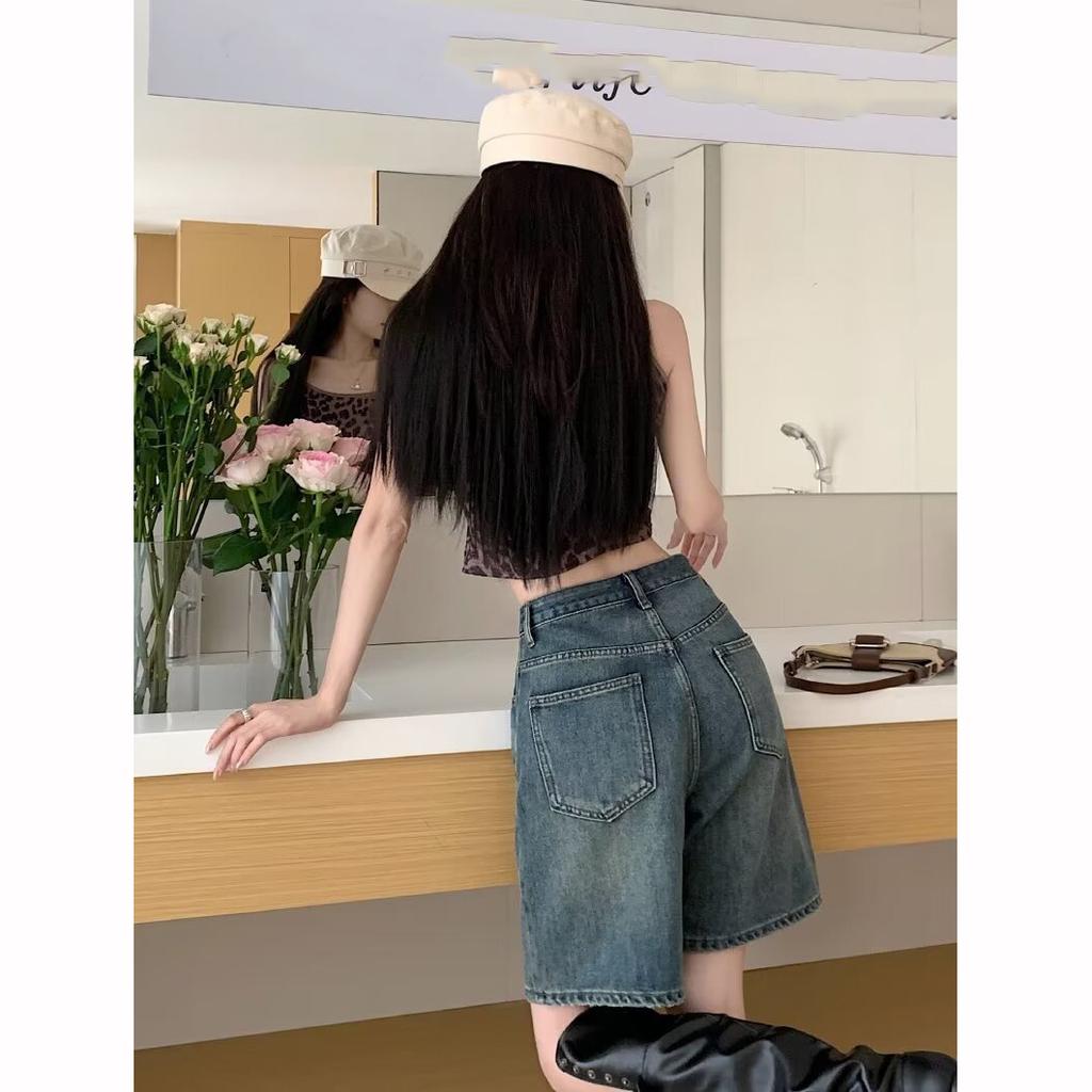 Denim Pants Pockets Vintage High Waist Shorts Women Wide Leg Streetwear Jeans Button Zipper