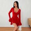 Women Evening Party Long Sleeve Deep V Neck Solid Color Irregular Bodycon One Piece Dress