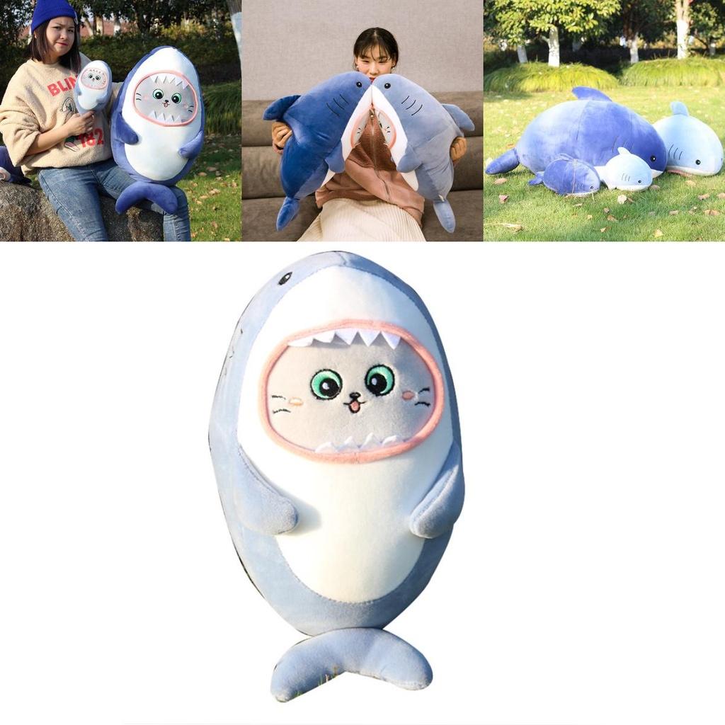 Cute Shark Plush Pillow With Cat Face Stuffed Animal Blue/grey 30/60cm Super Soft Short Plush