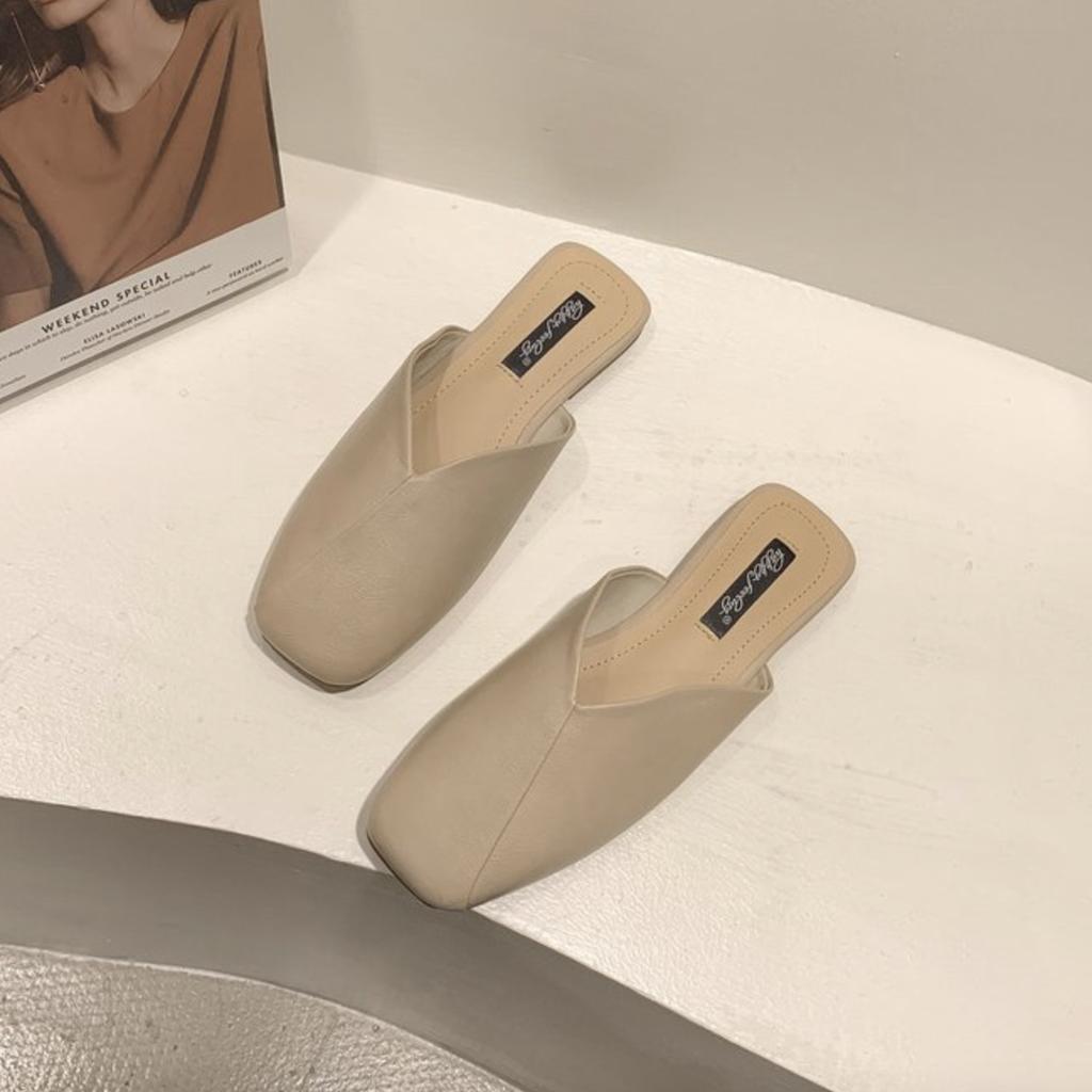Women Flats Slippers Women Mules Elegant Square Closed Toe Flat Slippers Female Shoes Casual Leather Black White Slides Loafers
