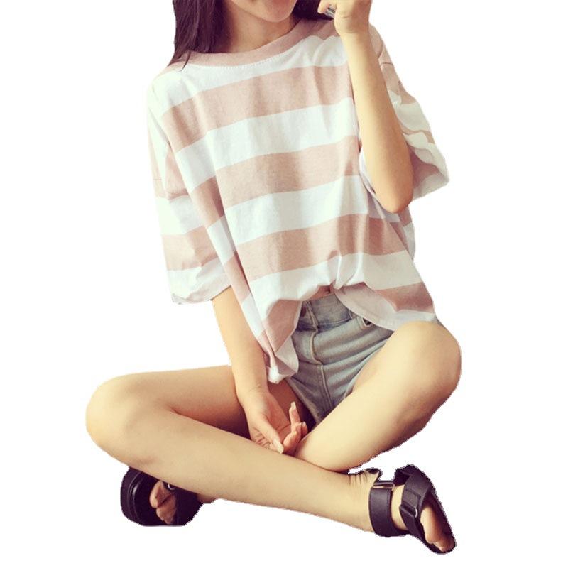 Ny sommar koreansk stil student randig kortärmad t-shirt för damer lösa kläder toppar för damer