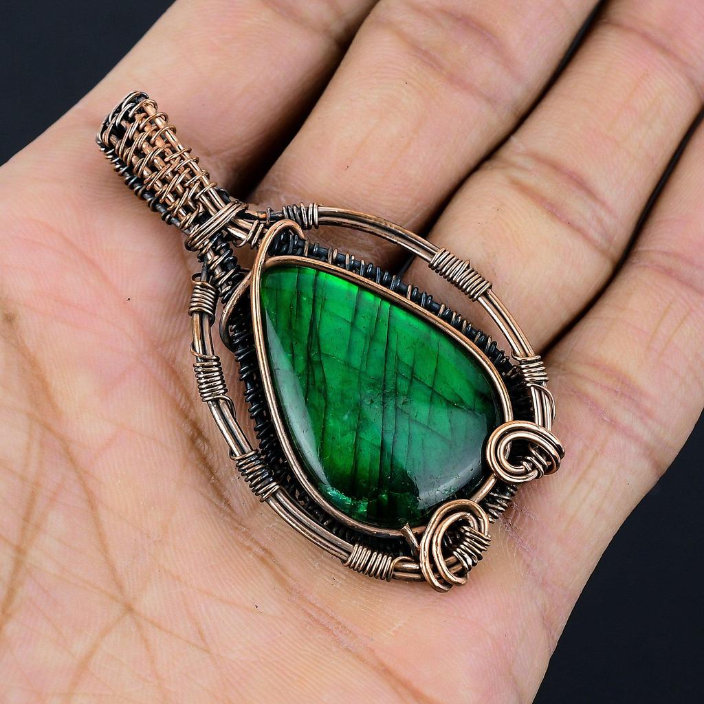 Green Flash Labradorite Pendant Gemstone Jewelry, 999 Copper Wire Wrapped Pendant, Handmade Jewelry Birthstone Pendant, Gift For Him
