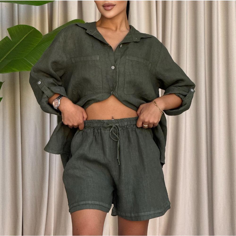 Women's 2 Piece Casual Outfit Oversized Long Sleeve Turn Down Collar Shirt and Drawstring Shorts Set