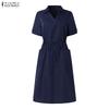 ZANZEA Women Casual Turn Down Collar Loose Short Sleeve Drawstring Dress