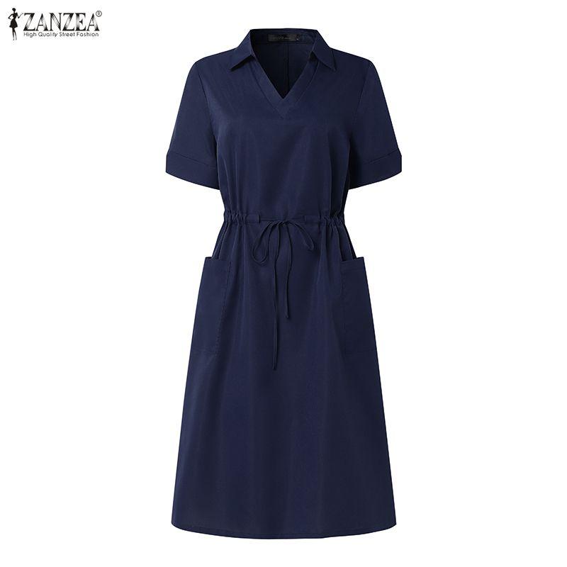 ZANZEA Women Casual Turn Down Collar Loose Short Sleeve Drawstring Dress