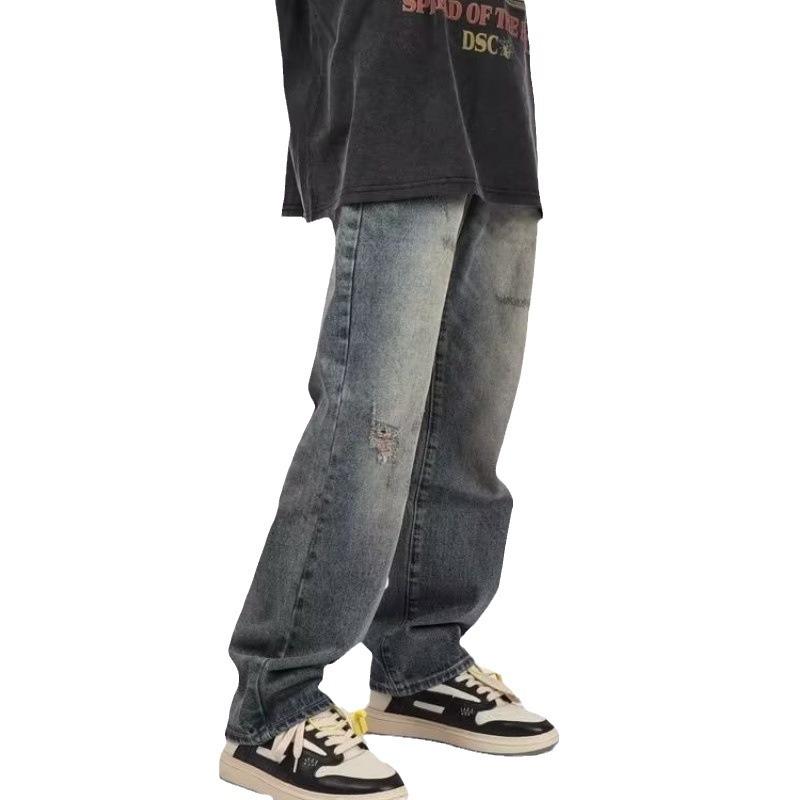 American retro jeans men's spring and autumn high street straight loose wide legs trendy brand heavy drape pants trend