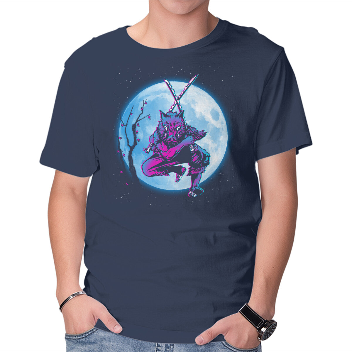 Unisex Crew Neck T-Shirt Inosuke Under The Moon Graphic Short Sleeve Casual Tee L