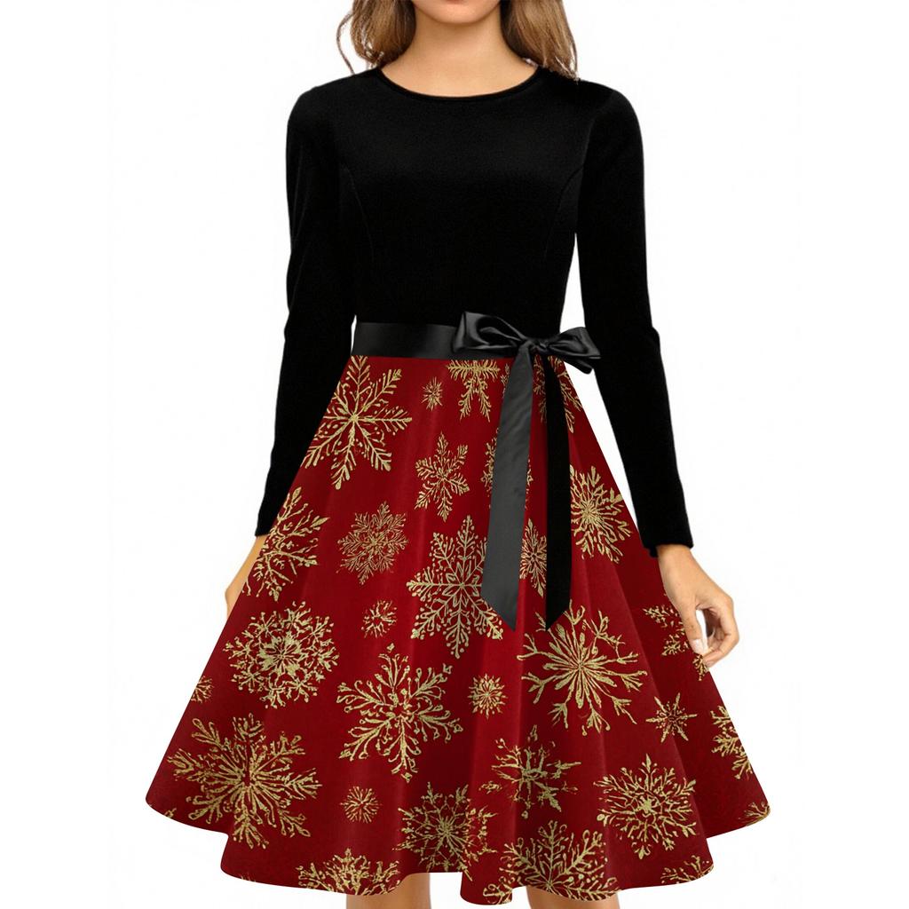 Women's Casual Christmas Print Neck Vintage Dress for Holiday Party