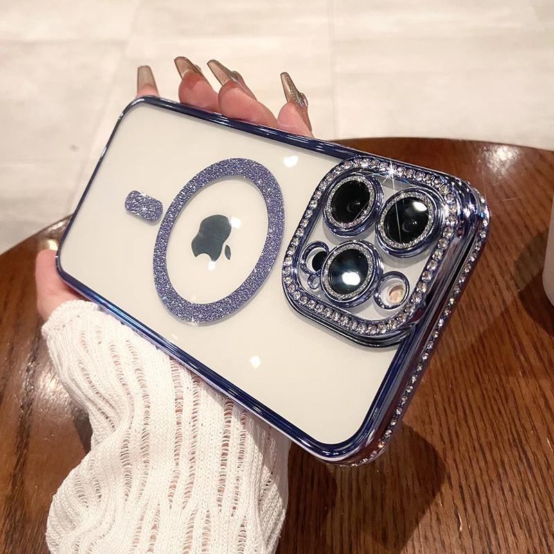 Luxury Diamond Glitter Magnetic Case For Magsafe For iPhone 16 15 13 14 12 11 Pro Max 16 Plus Wireless Charge Cover Accessories