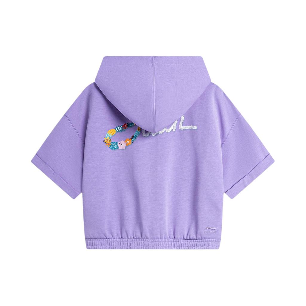 Li Ning X Disney Collaboration Solid Color Hooded Casual Short Sleeve Drop Shoulder T-Shirt Women Tops Light-Purple AWDU460-2