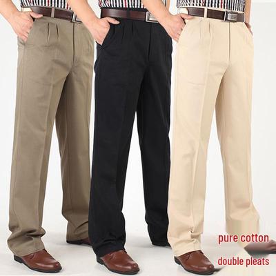 Calças de Algodão de Cintura Alta com Prega Dupla para Homem - Primavera/Verão, Perna Reta Larga, Tamanho Plus