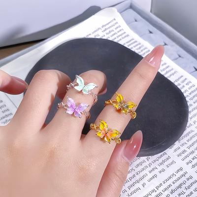 Enamel Color Gradual Change Color Butterfly Open Ring Palace Style Temperament Advanced Sense Light Luxury Personality Ring Woman