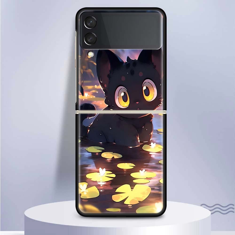 Cartoon Cute Cat Fish Aesthetic For Samsung Galaxy Z Flip 5 4 3 5G Phone Case Black Hard Cover ZFlip 5 4 3 Luxury Shockproof Bum