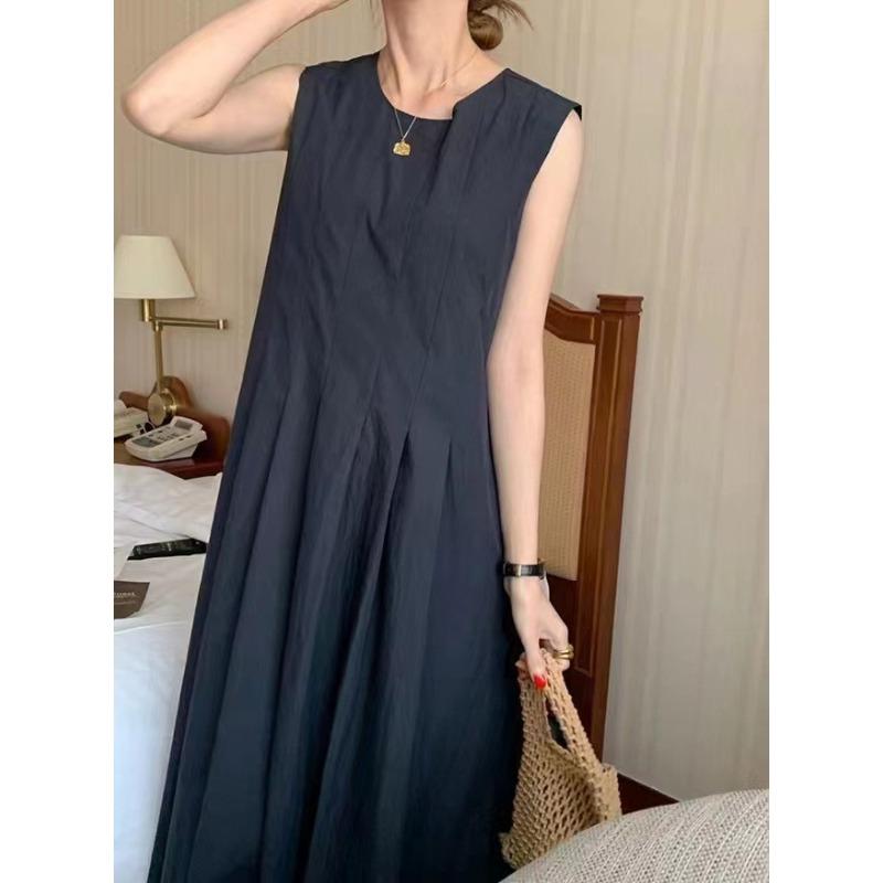 Summer Round Neck Pleated Sleeveless Vest Dress