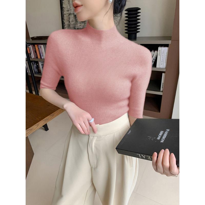 Five-quarter-sleeved Bottoming Shirt Women's Semi-turtleneck Inner Fit Slim-fitting Spring and Autumn with Coat New Knitted Sweater Top Half-sleeved