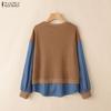 ZANZEA Damen Lässig Rundhals Patchwork Langarm Locker Herbst Pullover Tops