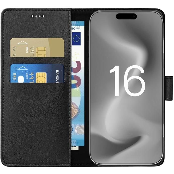 Black Case for iPhone 16 - Magnetic Flap Wallet Card Storage Phonillico®