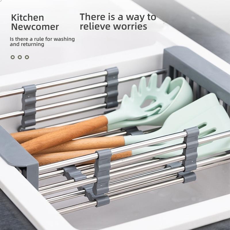 Adjustable Folding Kitchen Sink Stainless Steel Dish Drain Rack Space-Saving Sink Storage Sink Drain Rack Fittings