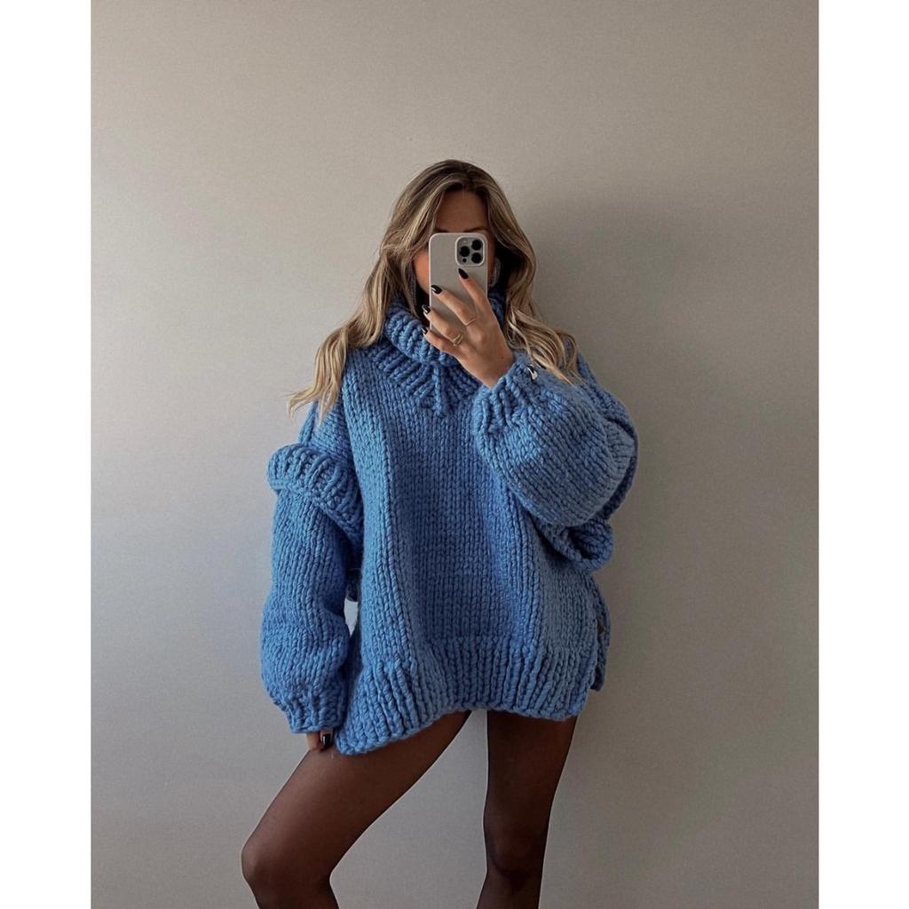 Autumn Winter Oversized Solid Color Thick Knit Turtleneck Split Sweater for Women European American Crossbody Casual Knit Top