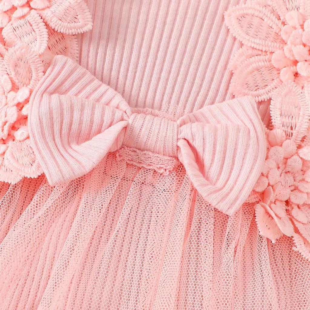 3D Flower Summer Baby Girls Romper Princess Mesh Newborn Clothes Lace Patchwork Ruffle Bodysuit Dress Headband Kids Clothing