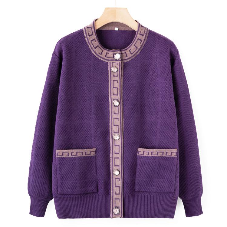Middle-aged and Elderly Knitwear Autumn Coat Female Elderly Grandmother Spring and Autumn Cardigan Sweater Round Neck Mother Coat