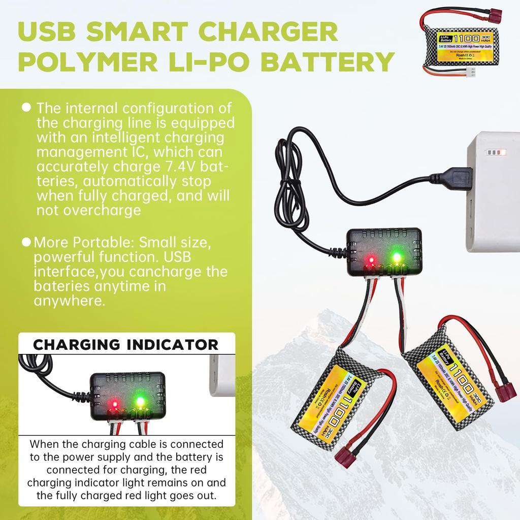 2PCS 7.4V 1100mAh 2S LiPo Battery with Band T-Plug and USB Charging Cable for Haiboxing 18858, 18859, 18859A, 16890A, and XLH Q903, HM163 RC Remote