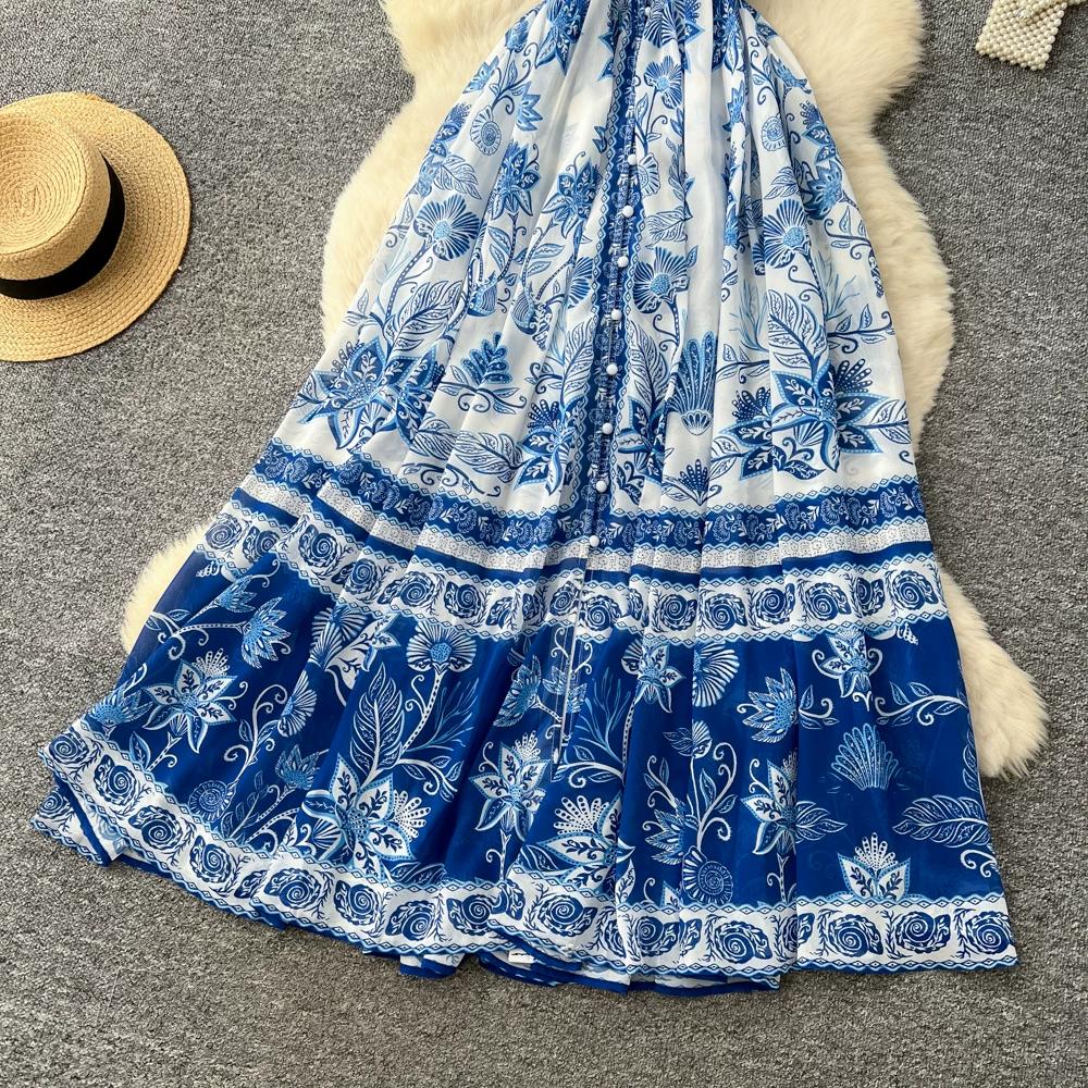 Luksusowa Niebiesko-Biała Porcelanowa Sukienka Maxi Bez Rękawów z Dekoltem V dla Kobiet Elegancka Letnia Sukienka A-Line z Wysokim Stanem Modelująca Sylwetkę
