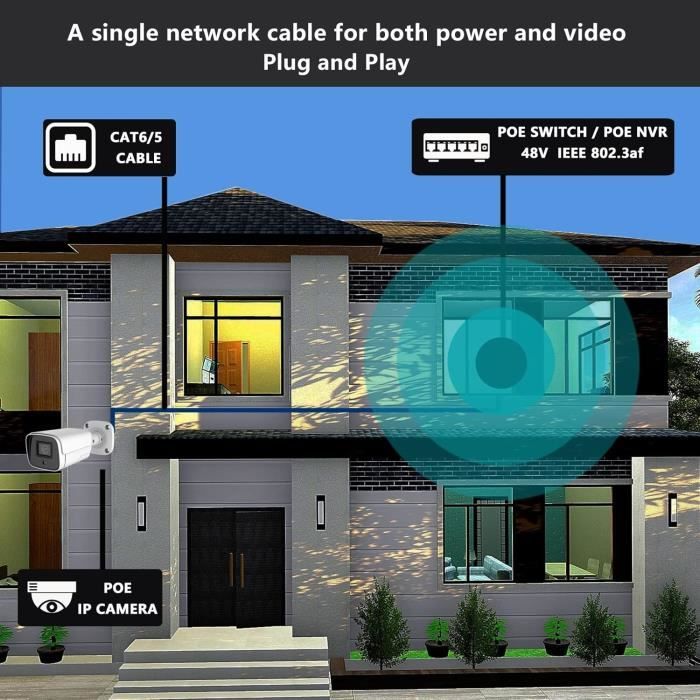 WiTi Caméra IP PoE 5MP Avec Microphone Audio,Objectif Grand Angle 2.8 mm,IP66