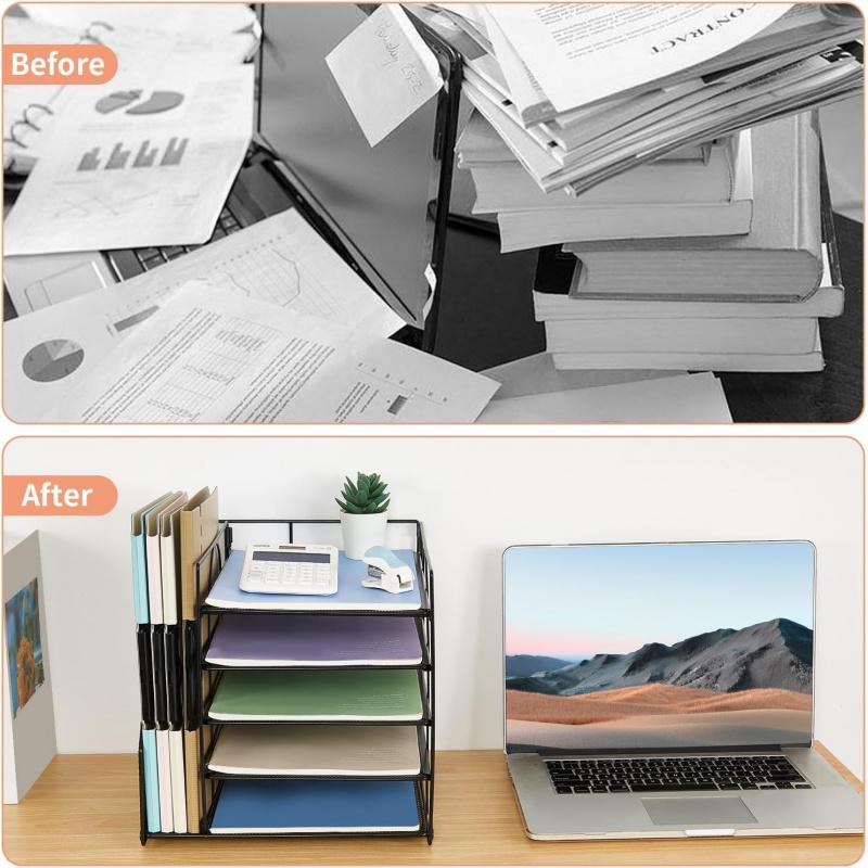 5-Tier Paper Letter Tray Organizer with File Holder - Office Supplies Desktop Organizer