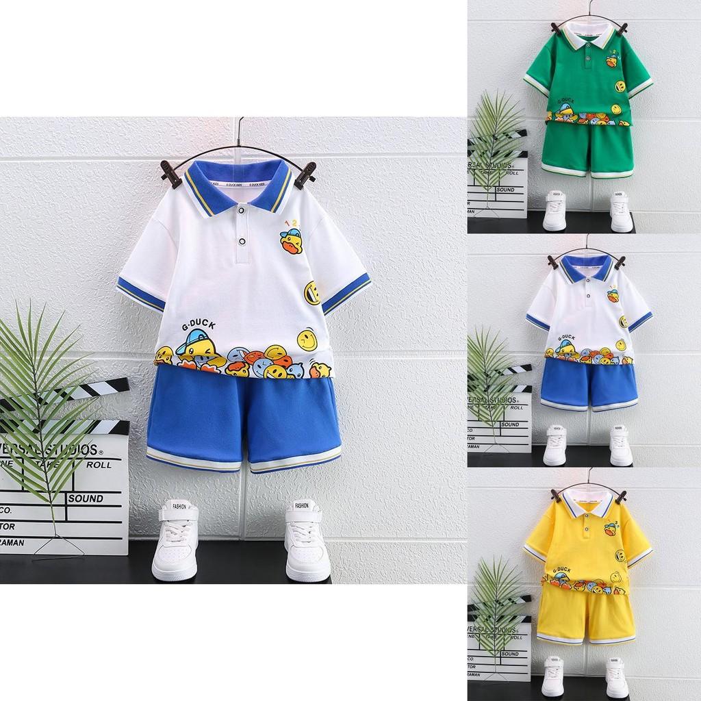 Adorable Yellow Duck Boys Short Sleeve Polo Shirt Set Summer Fashionable Kids Outfits For Ages 3 To 8 With Soft Cotton Fabric