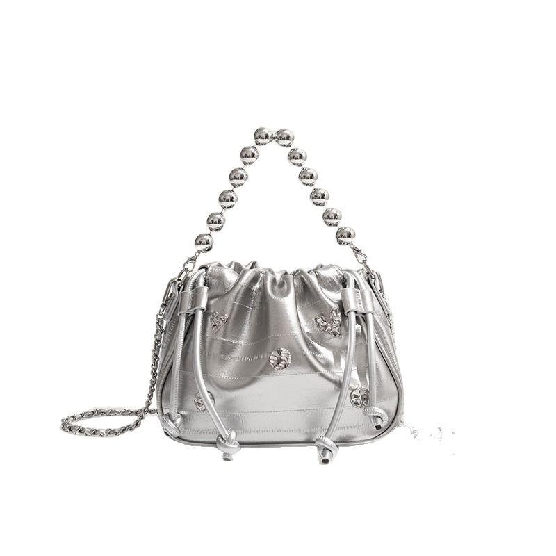 High-end Pleated Drawstring Bucket Bag Chain Women Summer New Fashion Simple Shoulder Bag Trendy Crossbody Women Bag