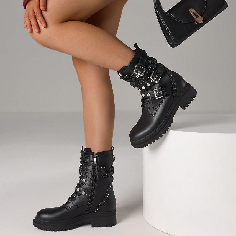 Damen Punk Kampfstiefel Herbst Knöchel Schnalle Riemen Nieten Perlen Strasssteine Seitlicher Reißverschluss Plateau Schnürschuhe Herbstschuhe