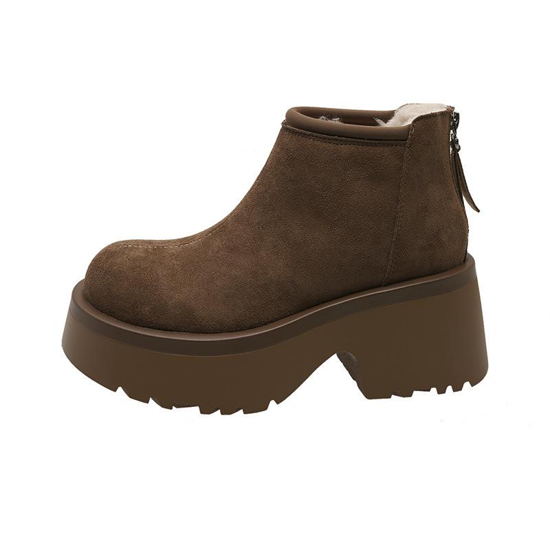 Brown thick-soled thick-heeled cotton shoes women's winter velvet thickened small short boots waterproof and non-slip snow boots