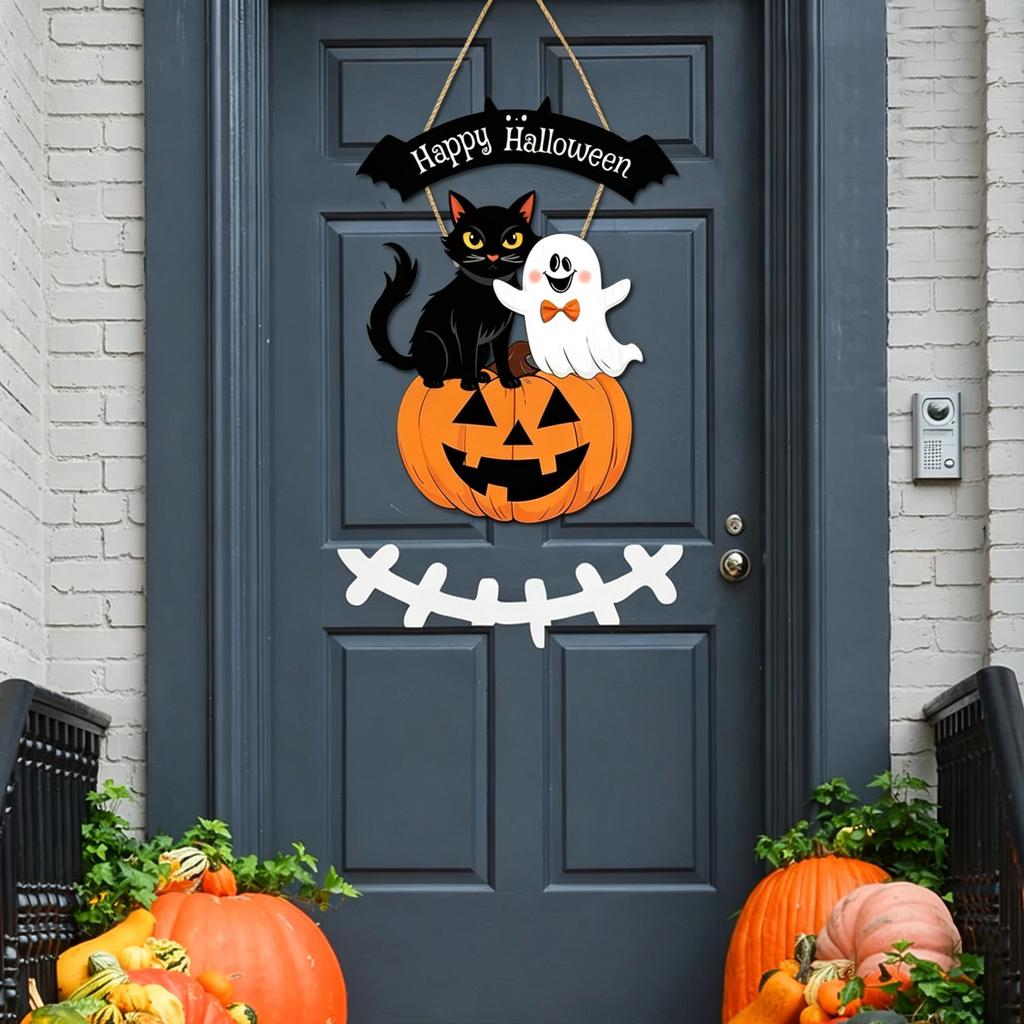 Halloween Wooden Pumpkin Welcome Sign for Front Door Wall Window Hanging Home Decor