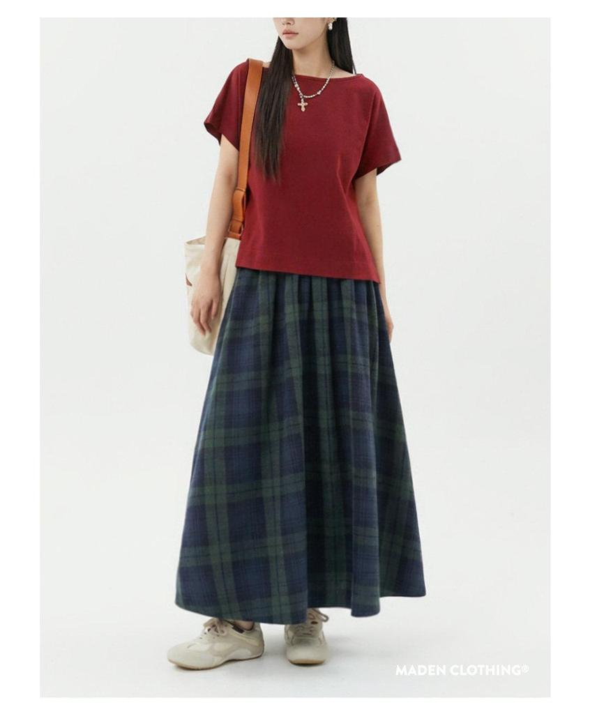 Maden Retro Cotton Gauze Plaid Maxi Skirt: Elastic Waist, Textured A-line Umbrella Design for Women