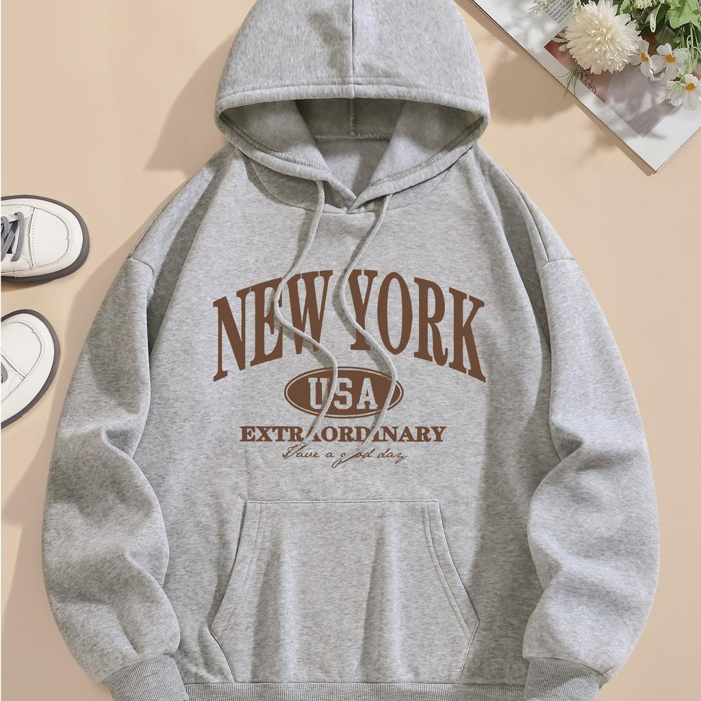 Autumn Winter New York Letter Print Women Hoodie Drawstring Long Sleeve Casual Hooded Sweatshirt Women's Clothing Men Pullovers