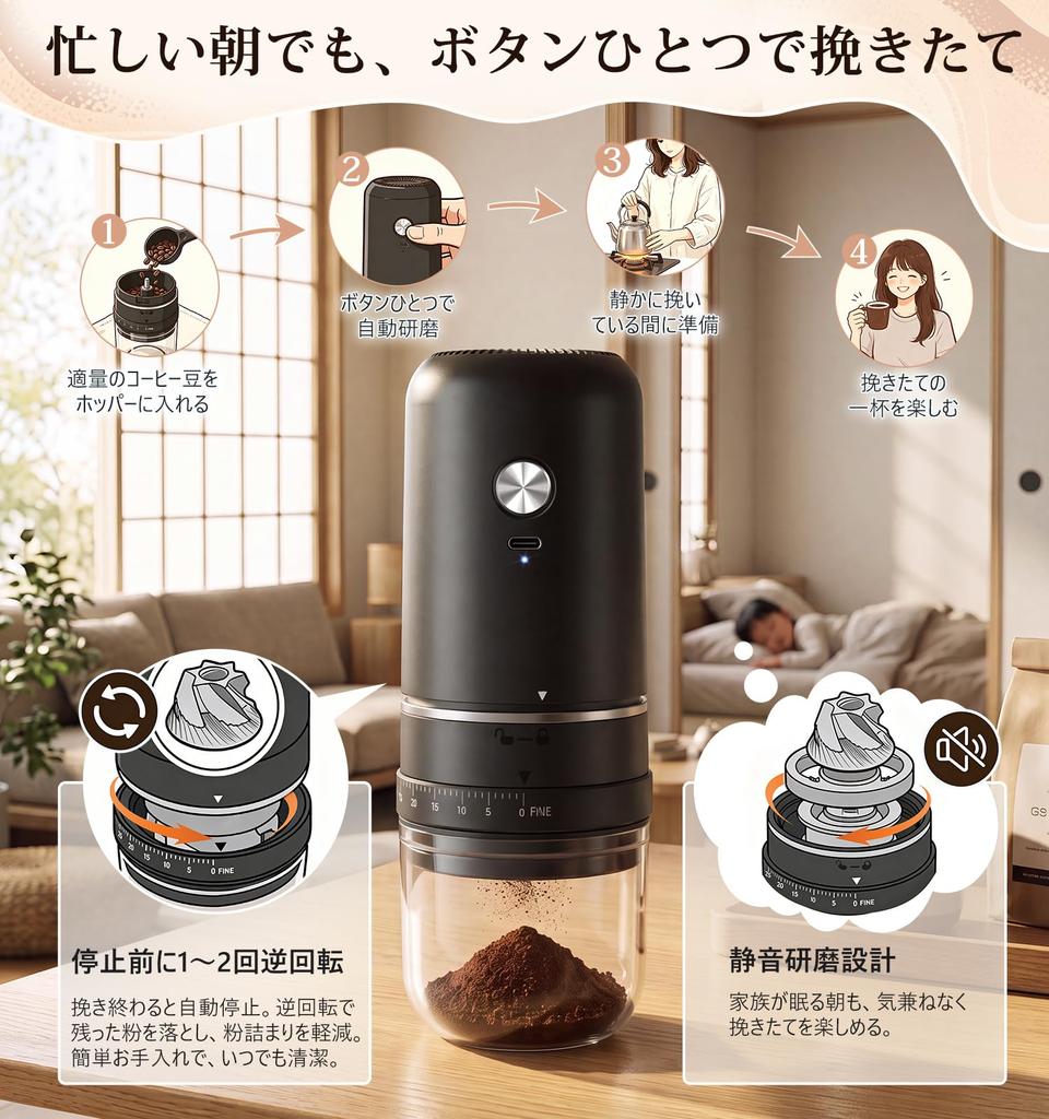 Cordless Electric Coffee Grinder with Ceramic Burr 30 Grind Size Settings External Quiet Makes Approximately 2 Easy to Clean Grinding, & Dial,