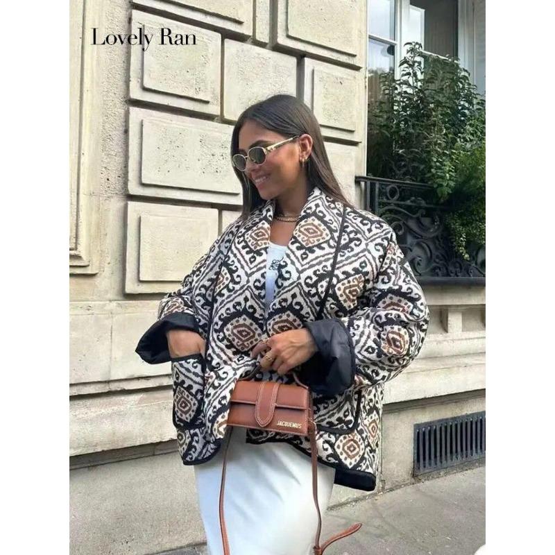 Lapel Printed Short Jacket Women Long Sleeve Warm Pocket Cardigan Coat Thick Autumn Winter Female Street Outwear