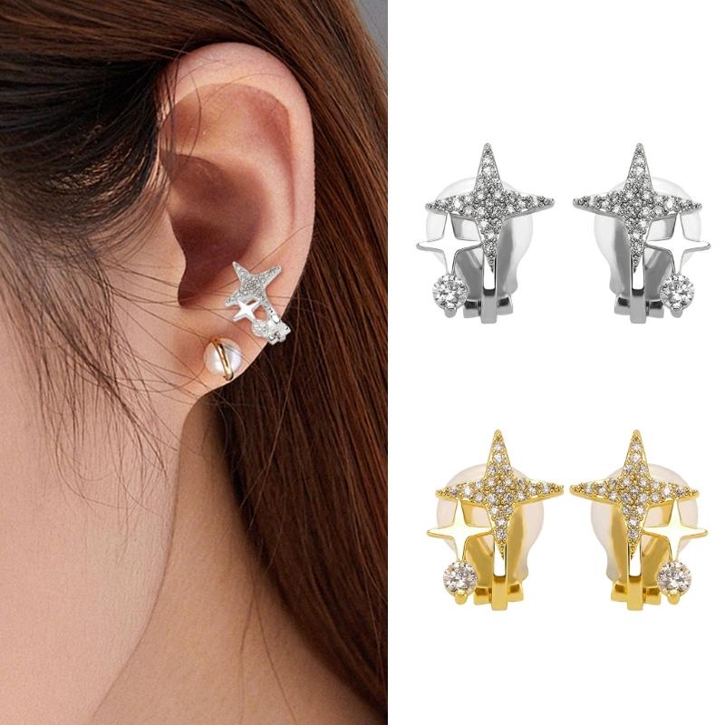 Shimmering Zircon Star Ear Clips Women Cuff Earrings Easy to Wear Copper Texture Suitable for Daily Wear and Parties