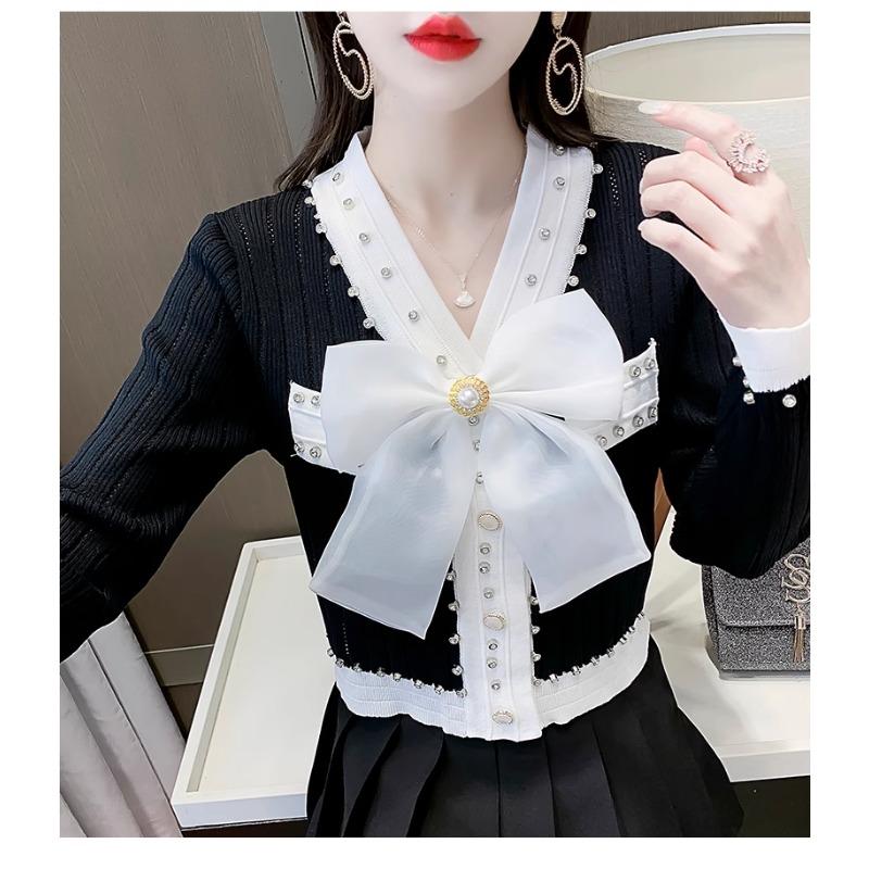 Spring Autumn Women Full Sleeve V-neck Luxury Diamond Beading Bowtie Knitted Sweater Single Breasted Cardigans Tops
